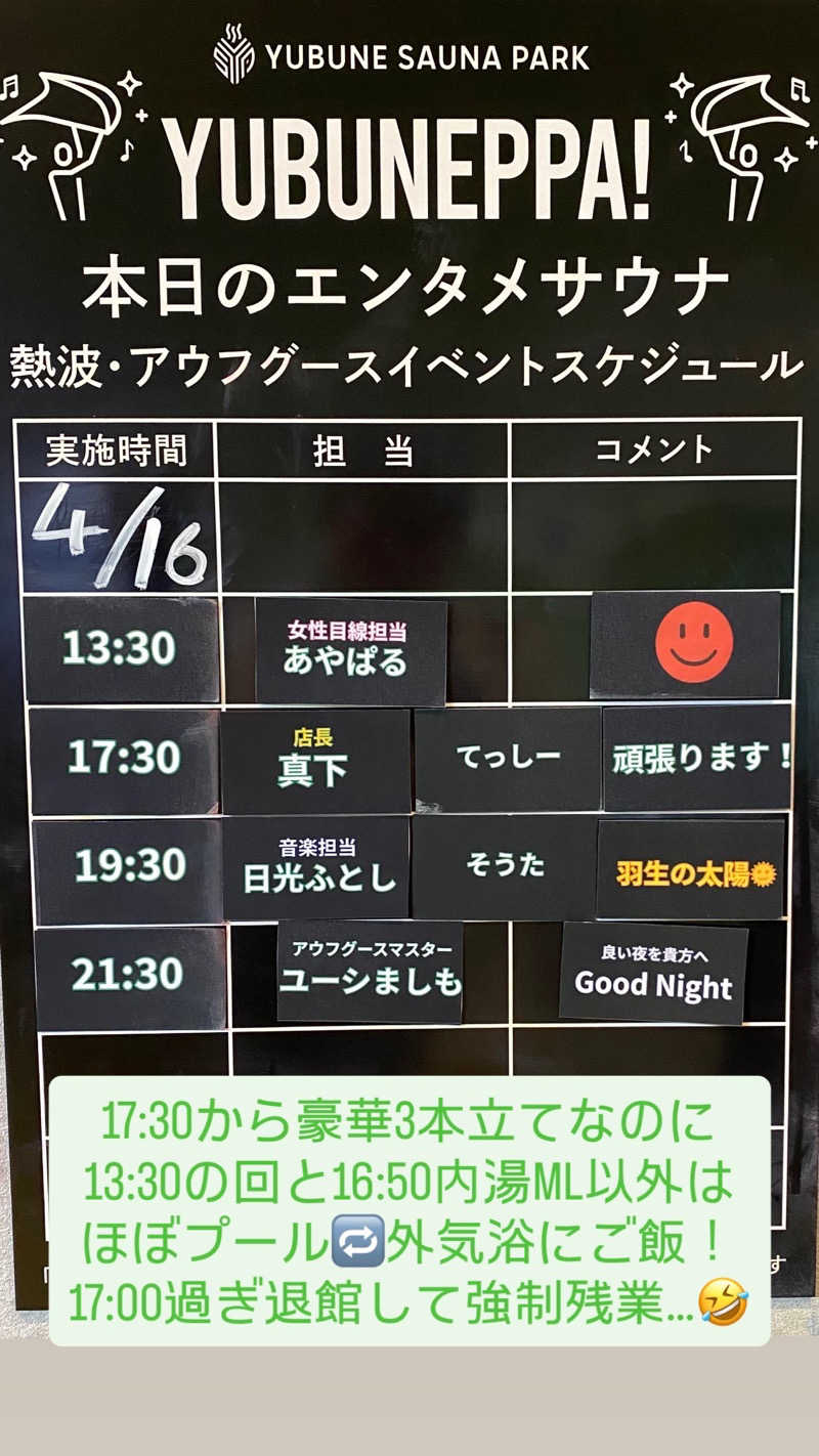 ぶーたろ78さんのYUBUNE SAUNA PARK はにゅうの湯のサ活写真