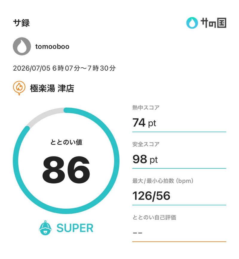 tomoobooさんの極楽湯 津店のサ活写真