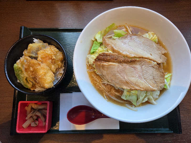 辛みそチャーシュー麺、ミニ鶏天丼 : 喜盛の湯（盛岡市）のサウナ飯