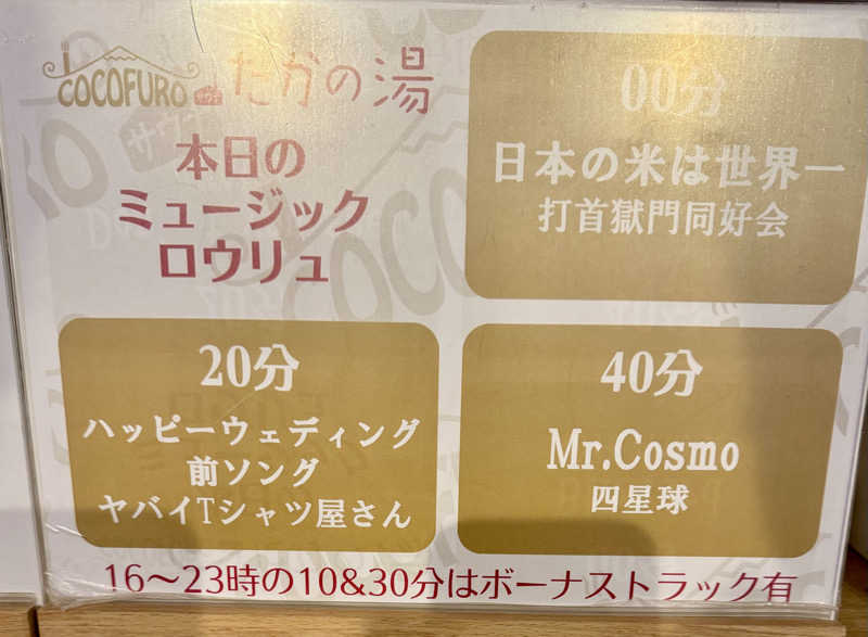 アッキーさんのCOCOFURO たかの湯のサ活写真