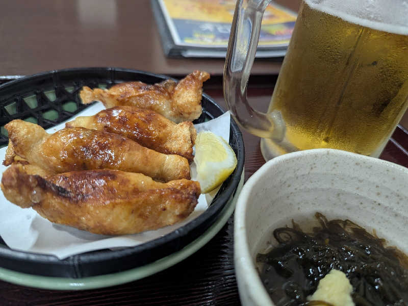 生ビール、鶏皮餃子、もずく酢