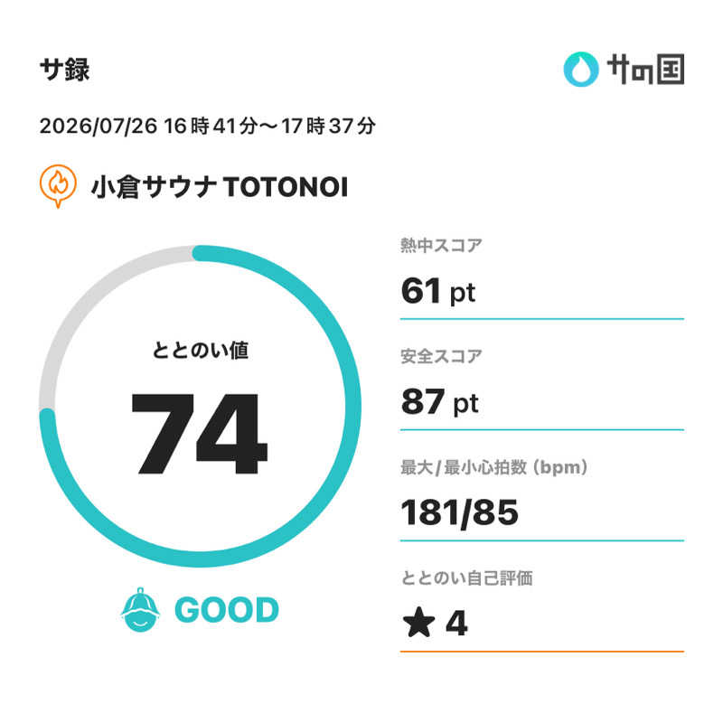 ぽてぃさんの小倉サウナ TOTONOI (ととのい)のサ活写真